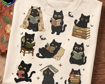 Halloween Book Club PNG, Black Cat Reading Books Design, Spooky Reader Halloween Shirt, Vintage Book Lover Graphic, Halloween Png