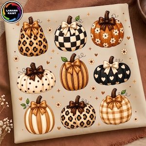 May include: A square fabric print featuring nine decorative pumpkins arranged in a grid. Each pumpkin displays a unique pattern, including leopard print, black and white checkers, floral motifs, polka dots, stripes, hearts, and gingham, all adorned with bows.