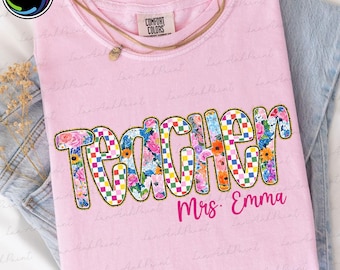 Custom Boho Floral Teacher Png, Checkered Sublimation, Preppy Teacher Floral Glitter Png, Teacher Life Png, Custom Preppy Teacher Design