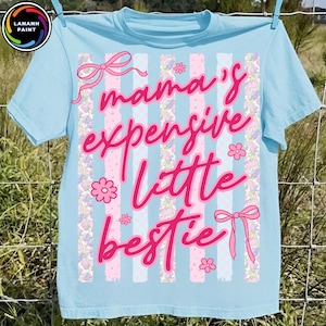 May include: Pale blue t-shirt with the text "mama's expensive little bestie" in pink script. The shirt has vertical stripes, bows, and floral accents. The t-shirt is hanging on a clothesline.