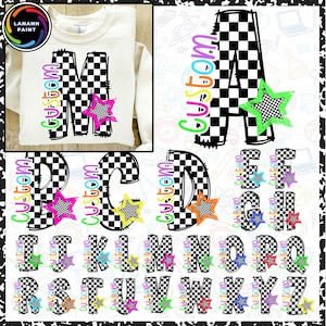 May include: Cream-colored sweatshirt with a large black and white checkered "M" and a pink star. The word "Custom" is printed vertically in colorful letters. The image also shows other letters of the alphabet with the same design.