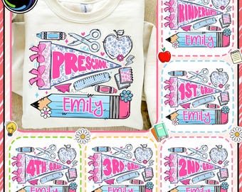 Fanion personnalisé pour la rentrée scolaire (PNG), motif drapeau Coquette Preppy Girl, clipart sublimation pour la maternelle, le CP, le CE1 et le CE2