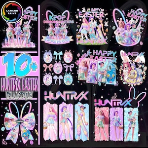May include: A collection of digital art prints with a pastel color scheme. The designs feature anime-style characters with bunny ears, Easter eggs, and the text "Happy Easter" and "Huntrix Easter Bundle".