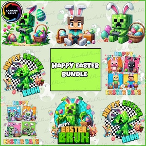 May include: A collection of Easter-themed digital designs featuring pixelated characters with bunny ears, Easter eggs, and baskets. The designs include the text "Happy Easter Bundle", "Happy Easter Bruh", and "Easter Days".