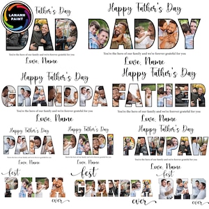 May include: A collection of Father's Day photo gifts. The words "DAD", "DADDY", "GRANDPA", "FATHER", "PAPA", "PAPI", and "PAWPAW" are filled with family photos. Each design includes the text "Happy Father's Day" and a space for a name.