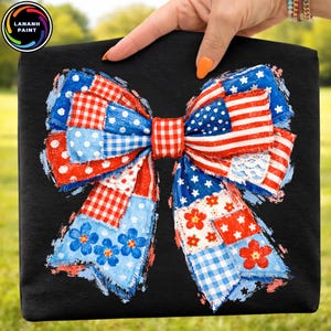 May include: Black square with a large bow design in red, white, and blue patchwork. The bow features the American flag, polka dots, gingham, and floral accents. The text "LANANH PAINT" is in the upper left corner.