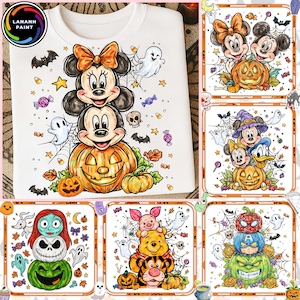 May include: White sweatshirt featuring a stacked design of Mickey and Minnie Mouse characters atop a carved pumpkin, surrounded by Halloween-themed graphics. Additional designs include other Disney characters and pumpkins.