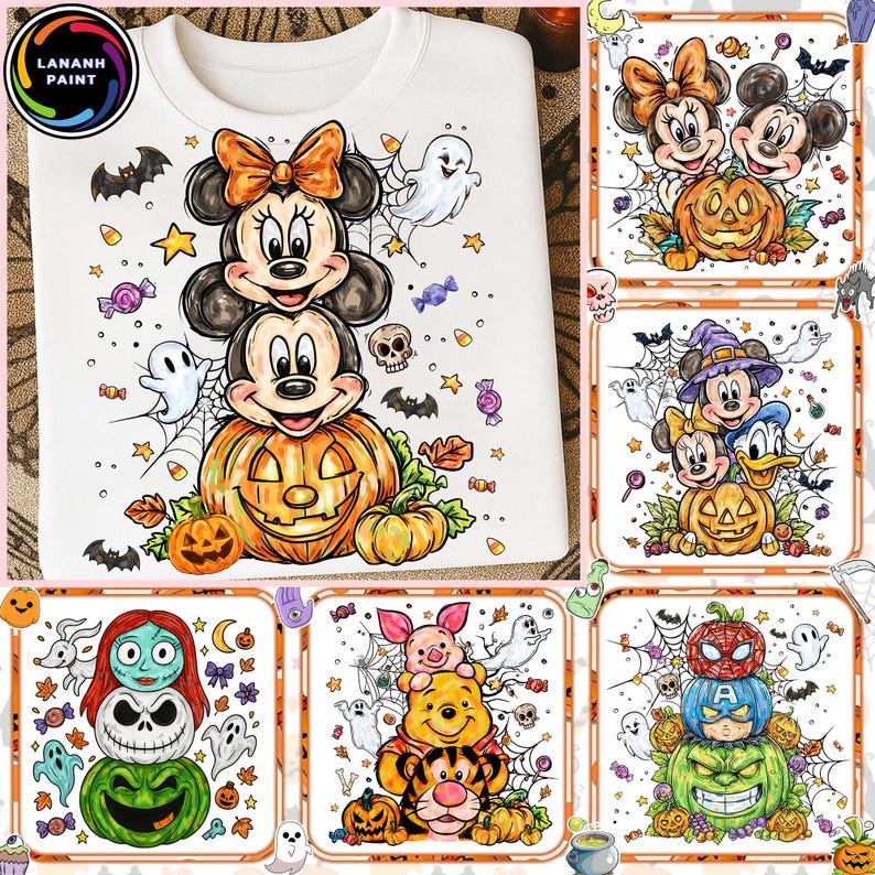 May include: White sweatshirt featuring a stacked design of Mickey and Minnie Mouse characters atop a carved pumpkin, surrounded by Halloween-themed graphics. Additional designs include other Disney characters and pumpkins.