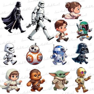 May include: A collection of cartoon-style Star Wars characters, including Darth Vader, Stormtroopers, and R2-D2. The illustrations feature vibrant colors and detailed designs, perfect for fans of the franchise.