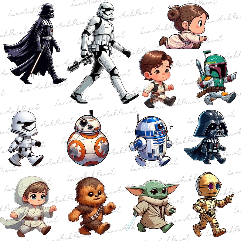 May include: A collection of cartoon-style Star Wars characters, including Darth Vader, Stormtroopers, and R2-D2. The illustrations feature vibrant colors and detailed designs, perfect for fans of the franchise.