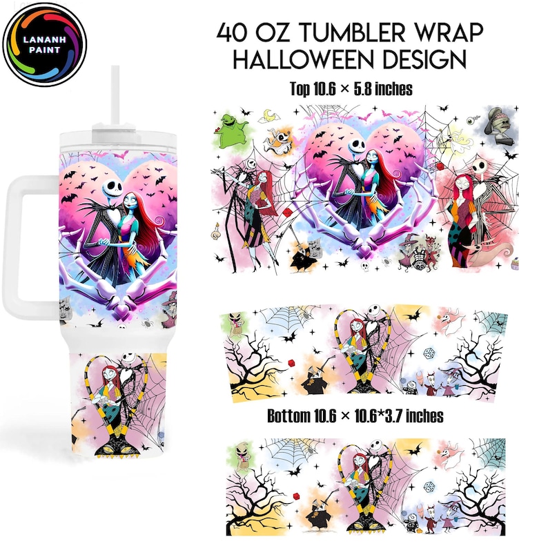 May include: A white 40 oz tumbler with a Halloween design wrap. The wrap features Jack and Sally from The Nightmare Before Christmas, surrounded by bats, spiderwebs, and other spooky characters. The top wrap is 10.6 x 5.8 inches.