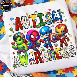 May include: White sweatshirt with the words "AUTISM AWARENESS" in colorful puzzle piece lettering. Features cartoon illustrations of Hulk, Spider-Man, Captain America, and Iron Man.