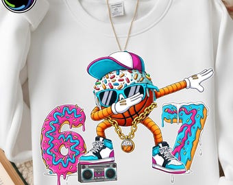 67 Basketball Ice Cream Drip png, meme Six Seven Gen Alpha, grappig 67 kinder T-shirtontwerp, trendy digitaal png