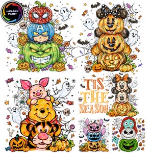 May include: Halloween-themed artwork featuring stacked pumpkins with superhero and Disney character designs. The image includes ghosts, bats, candy, and the text "TIS THE SEASON". The artwork is colorful and festive, perfect for Halloween.
