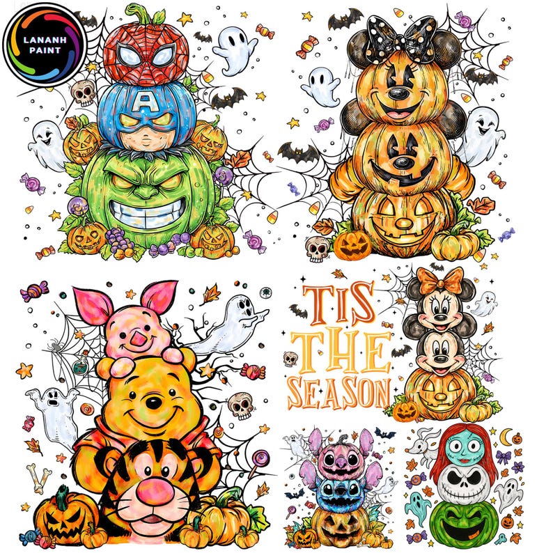 May include: Halloween-themed artwork featuring stacked pumpkins with superhero and Disney character designs. The image includes ghosts, bats, candy, and the text "TIS THE SEASON". The artwork is colorful and festive, perfect for Halloween.