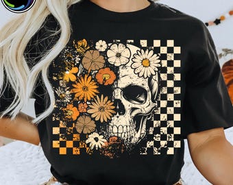 Funny Checkered Skeleton Halloween Png, Trendy Halloween Skull Design, Retro Floral Skeleton Png, Spooky Season Png, Preppy Halloween Png