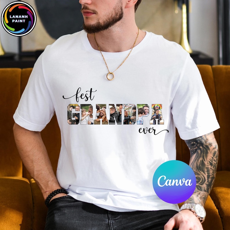 May include: White t-shirt with the words "Best Grandpa Ever" in black script. The word "Grandpa" is composed of a collage of family photos. The shirt is a crew neck style.