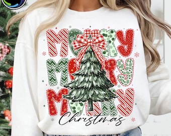 Floral Coquette Christmas PNG, Preppy Red Plaid Checkered Design, Faux Glitter Tree and Bow Art, Merry Holiday Digital Download File