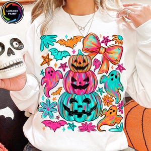 Coquette Halloween Bow PNG, Preppy Neon Pumpkin Ghost Clipart, Girly Spooky Fall Bat Ghost Design, Cute Halloween PNG, Sublimation Design