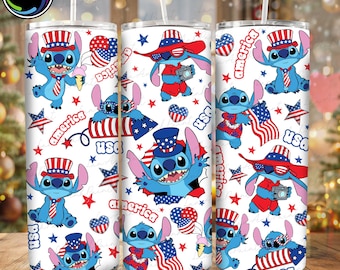 Blue Monster 4th Of July Tumbler Wrap Design Png, Cartoon America 20oz Skinny Tumbler PNG, Blue Alien Cartoon USA 20oz  Tumbler Wrap Png