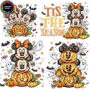 May include: A Halloween-themed design featuring Mickey and Minnie Mouse characters stacked on carved pumpkins. The phrase "Tis the Season" is displayed in orange lettering, surrounded by bats, spiderwebs, and candy.