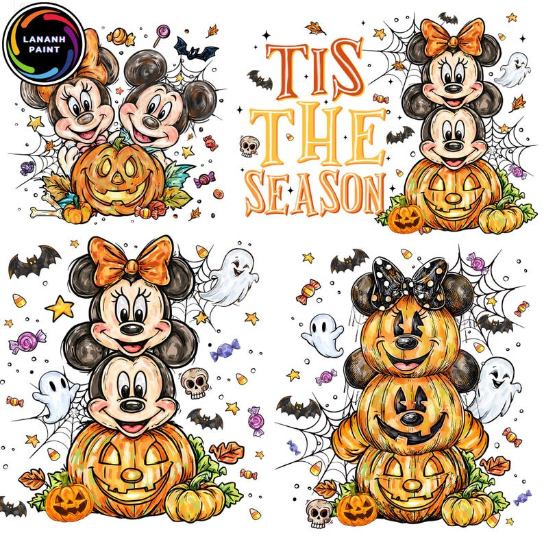 May include: A Halloween-themed design featuring Mickey and Minnie Mouse characters stacked on carved pumpkins. The phrase "Tis the Season" is displayed in orange lettering, surrounded by bats, spiderwebs, and candy.