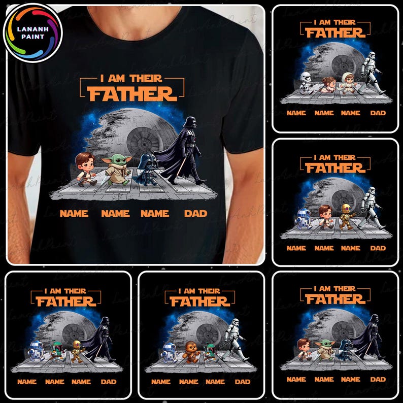 May include: Black t-shirt featuring a graphic of Star Wars characters crossing a street, with the text "I AM THEIR FATHER." The design includes Darth Vader, a Stormtrooper, and other characters. The names of the characters are below the image.