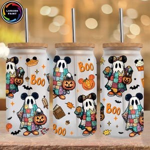 Cartoon Mouse Friends 16oz Glass Can Wrap PNG, Fall Vibes PNG, Halloween Pumpkins PNG, Cute Halloween Cartoon Libbey Glass Can Wrap Png