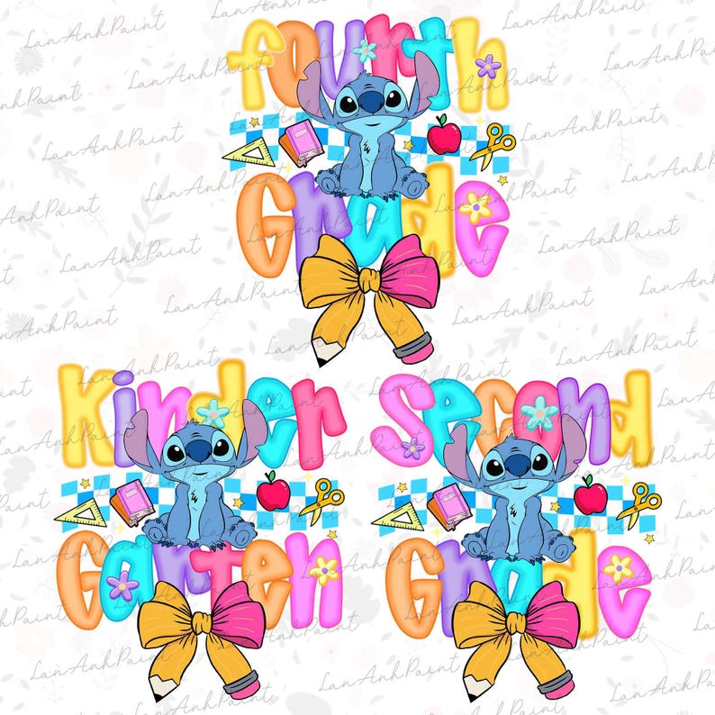 May include: A digital graphic design featuring three school-themed illustrations with the blue character Stitch. Each section includes colorful text reading Fourth Grade, Kinder Garten, and Second Grade, accented by a pencil bow, apple, and book.