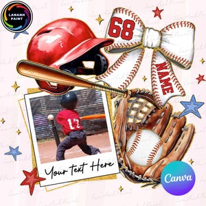 May include: A baseball-themed design featuring a red helmet, bat, glove, and baseball. A white bow with baseball stitching has the number 68 and the word "NAME". A photo of a child playing baseball is included, with the text "Your text Here".