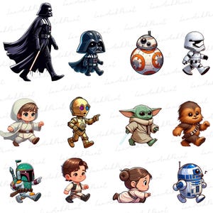 May include: A collection of cartoon-style Star Wars characters, including Darth Vader, BB-8, and Yoda. Each character is depicted in a dynamic, walking pose, with vibrant colors and detailed designs. The image has a playful and whimsical aesthetic.