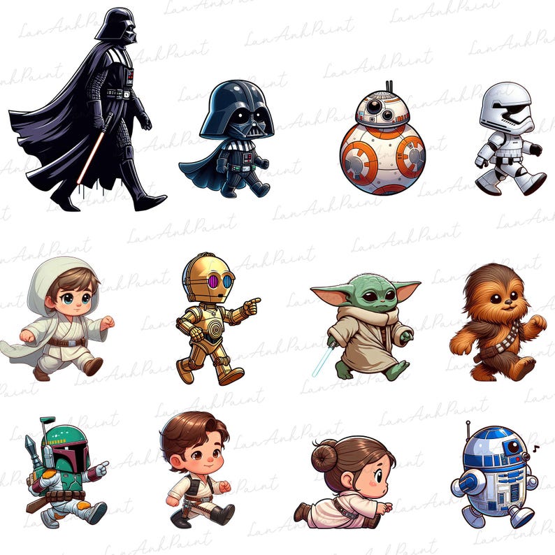 May include: A collection of cartoon-style Star Wars characters, including Darth Vader, BB-8, and Yoda. Each character is depicted in a dynamic, walking pose, with vibrant colors and detailed designs. The image has a playful and whimsical aesthetic.