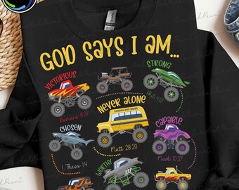 Gott sagt, ich bin Png, Jungen Monstertruck Png, Kind Gottes Png, christliche Schnittdatei für Kinder, christliches Zitat, Glaube Png, Junge Kinder Ostern Png