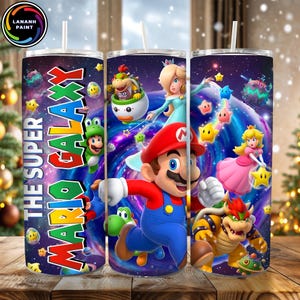May include: A set of three stainless steel tumblers featuring characters from the Super Mario Galaxy video game. The tumblers have a white straw and a colorful design with Mario, Princess Peach, and Bowser against a galaxy background.