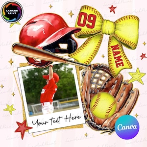 May include: A personalized softball-themed printable with a red baseball cap, a yellow bow with the number 09 and the word "NAME", a baseball glove with a yellow softball, and a photo of a child playing baseball. The text "Your Text Here" is included in the design.