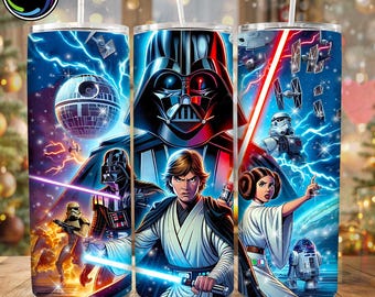 Envoltura de vaso con personajes de Galaxy War PNG, vaso PNG de 20 oz, diseño de película Galaxy, diseño de vaso festivo de 2025, envoltura de vaso con diseño de película moderno