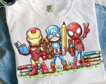 Cartoon First Day Of School Png, School Boy Png, Retro Superhero Back To School Png, Trendy Cartoon Kids Kindergarten Pre-k Shirt Design