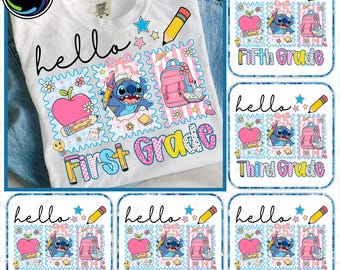 May include: A white t-shirt featuring a graphic print with the text hello First Grade. The design includes a pink apple, a blue character, a pink backpack, a yellow pencil, and small flowers. The graphic is repeated in variations for other grades.