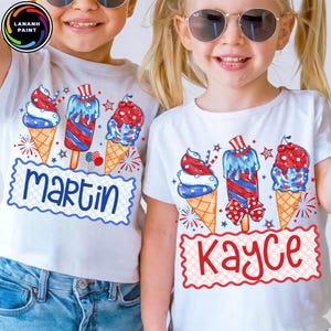 Patriotic Ice Cream PNG, Custom Name 4th of July Design, Kids Boy Girl Flag Fireworks Shirt Png, Red White Blue USA PNG