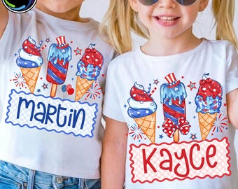 Helado patriótico PNG, diseño personalizado para el 4 de julio, camiseta infantil con bandera y fuegos artificiales PNG, rojo, blanco y azul de EE. UU. PNG