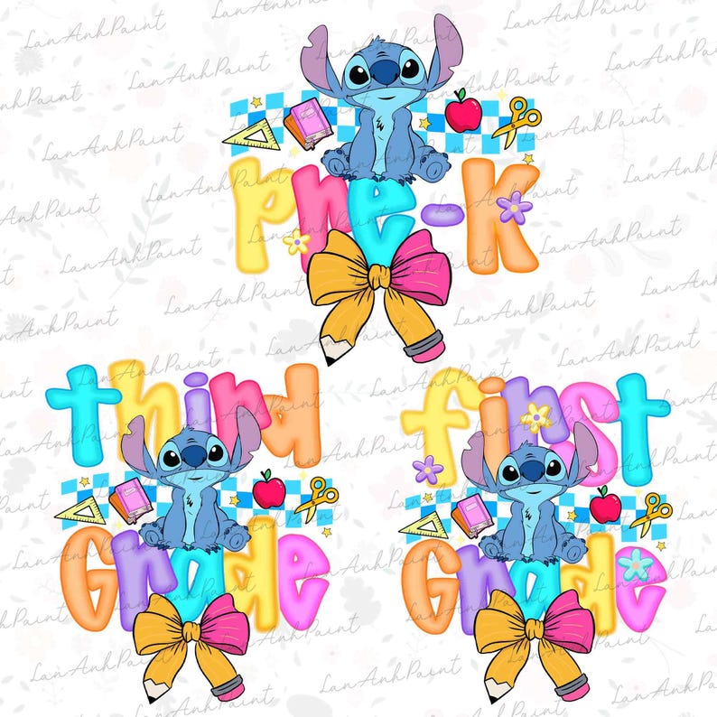 May include: A digital graphic design featuring three separate school-themed illustrations of the character Stitch. Each design includes the text Pre-K, Third Grade, or First Grade, accompanied by school supplies like pencils, books, and apples.