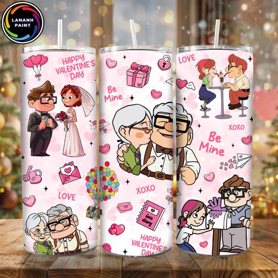 Cartoon Valentine Characters Tumbler Design Png, Pink Valentine Tumbler Png, Couple Valentine Tumbler Wraps, Balloon Movie 20oz Tumbler Wrap