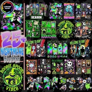 Puede incluir: Colección de diseños gráficos con personajes y temas de "Pesadilla antes de Navidad". Los diseños incluyen las palabras "Nightmare Bundle", "Boogie Spooky Vibes" y "Welcome to Our Nightmare". La paleta de colores incluye negro, verde, morado y naranja.