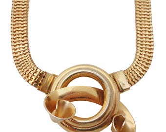 1940s Brookcraft gold large circular swirl and arch pendant with a thick geometric chain mid century modernist sculptural statement necklace