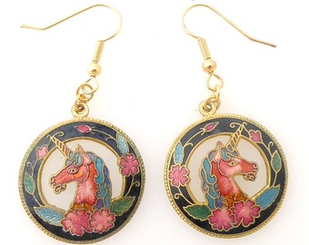 Colorful multicolored enamel unicorn horse and flower floral fantasy kitsch mythical creature circular earrings