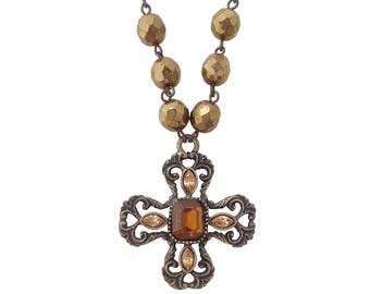 2000s Y2K Vintage antique bronze topaz rhinestone glass beaded filigree medieval cross pendant victorian monastic necklace