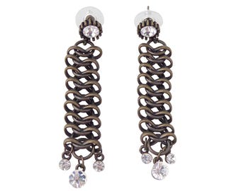 2000s Y2K Vintage antique brass chain mail link rhinestone dangling medieval long dangly sparkly statement earrings
