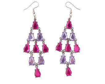 2000s Y2K Vintage 4" hot pink fuchsia and lavender teardrop rhinestone sparkly colorful festive long dangly chandelier earrings
