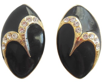 1980s Vintage black enamel and gold rhinestone navette marquise shape abstract chunky statement glam formal clip on earrings