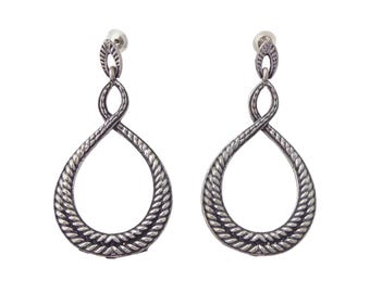 2000s Y2K Vintage 2.75" antique silver rope braid figure eight large teardrop bohemian long dangling statement earrings